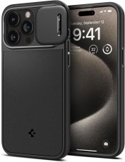 Кейс с капак за камерата за iPhone 15 Pro Max от Spigen Optik Armor Mag MagSafe - Черен