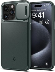 Кейс с капак за камерата за iPhone 15 Pro от Spigen Optik Armor Mag MagSafe - Abyss Green