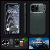 Кейс с капак за камерата за iPhone 15 Pro от Spigen Optik Armor Mag MagSafe - Abyss Green