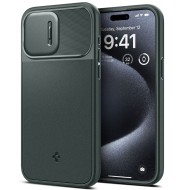 Кейс с капак за камерата за iPhone 15 Pro от Spigen Optik Armor Mag MagSafe - Abyss Green