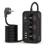 Захранващ разклонител с 6 порта и 200 см. кабел от Tech Protect PCL4x6 - Черен