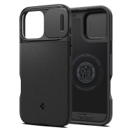 Кейс с капак за камерата за iPhone 16 Pro от Spigen Optik Armor Mag MagSafe - Черен