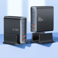Зарядна станция 6 в 1 с GaN, PD 80W и QC3.0 от Tech-Protect DC80W-GAN - Черна