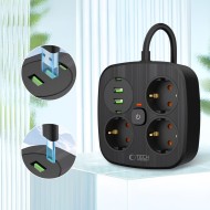 Многофункционален захранващ разклонител с 4 порта и 200 см. кабел от Tech Protect PCS3X4 - Черен