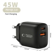 TECH-PROTECT NCA45W-GAN 2-PORT NETWORK CHARGER PD 45W / QC3.0 + TYPE-C CABLE BLACK